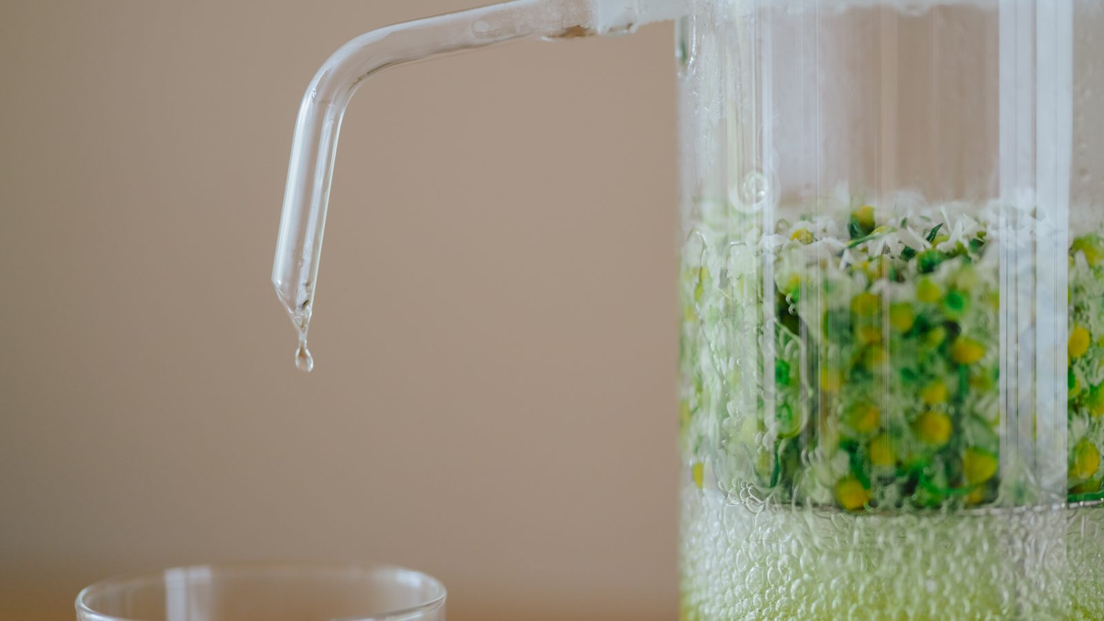 蒸留され、一滴ずつ落ちる芳香蒸留水